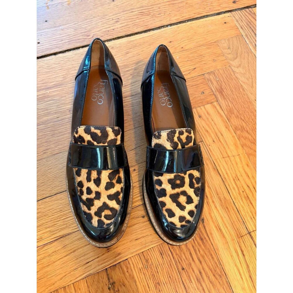 Franco Sarto Coen Black Patent Leather Leopard Print Loafers Workwear Business 8